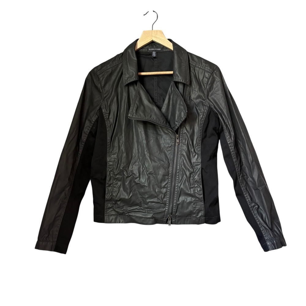 Eileen Fisher Black Moto Jacket Size Small Faux Leather Look Biker Full Zip